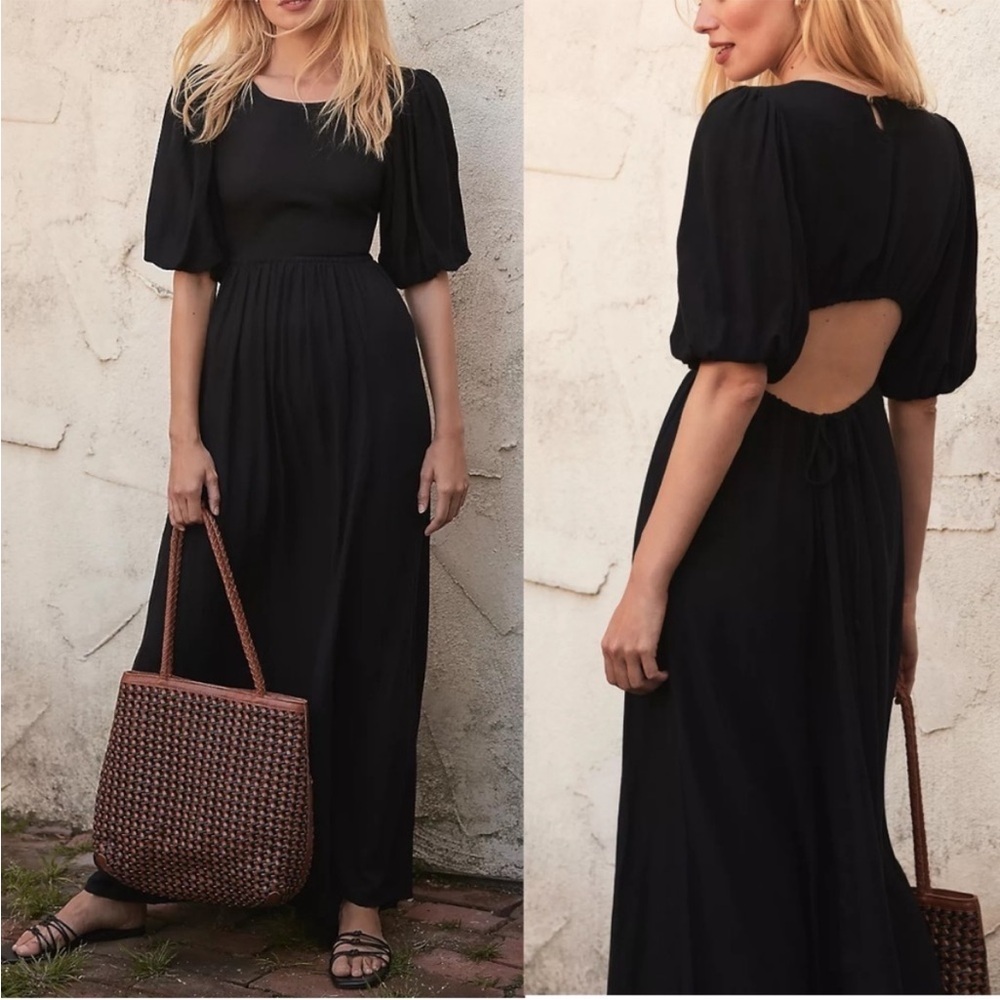 Beach Riot Black Weston Cutout Puff Sleeve Back Linen Blend Maxi Dress SZ M